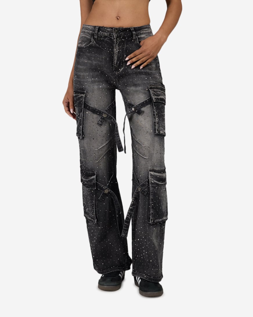 4Pkt Rhinestone Cargo Denim Jeans