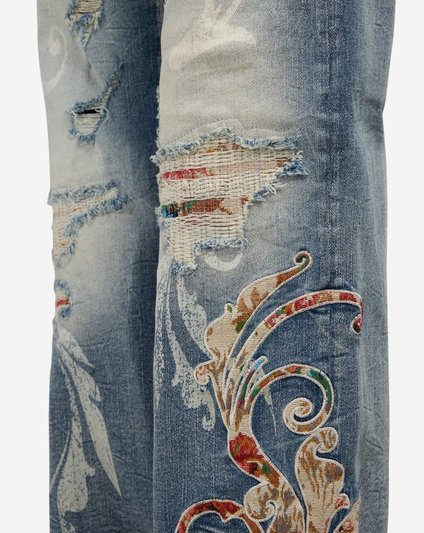 Wide Leg Distressed Tapestry Denim Jeans