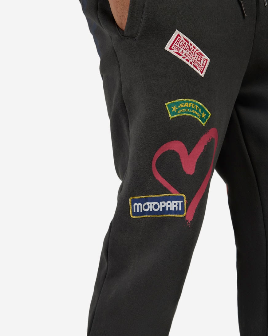 Multi Embroidery Patched Stacked Fleece Pants