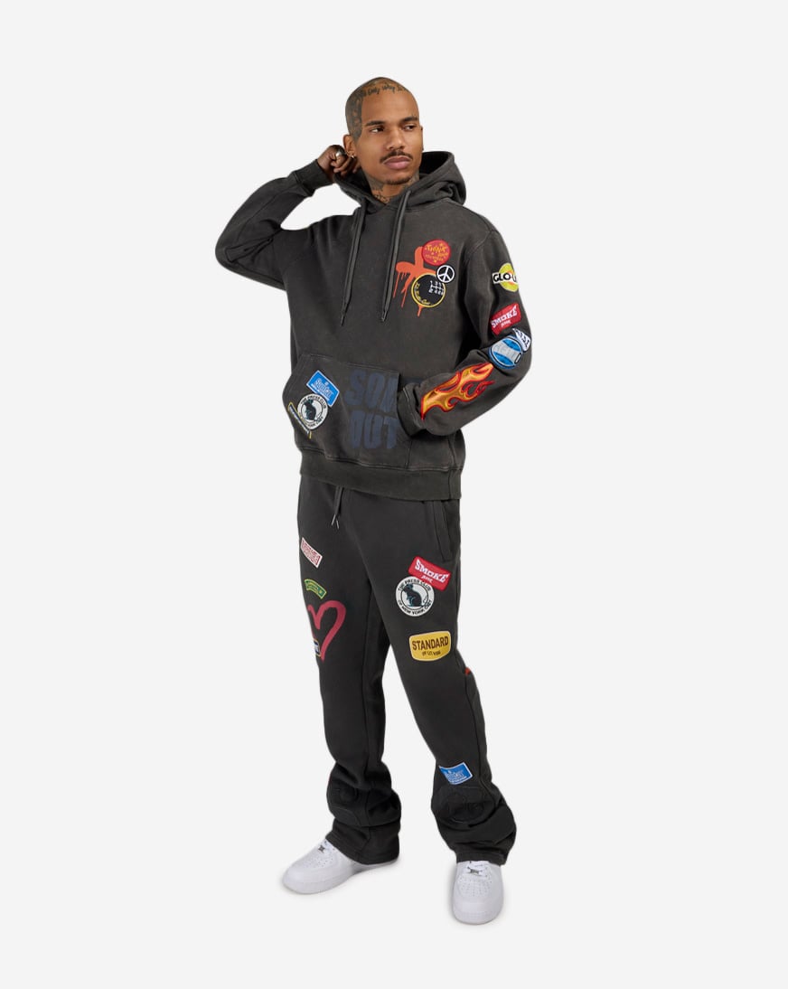 Multi Embroidery Patched Stacked Fleece Pants